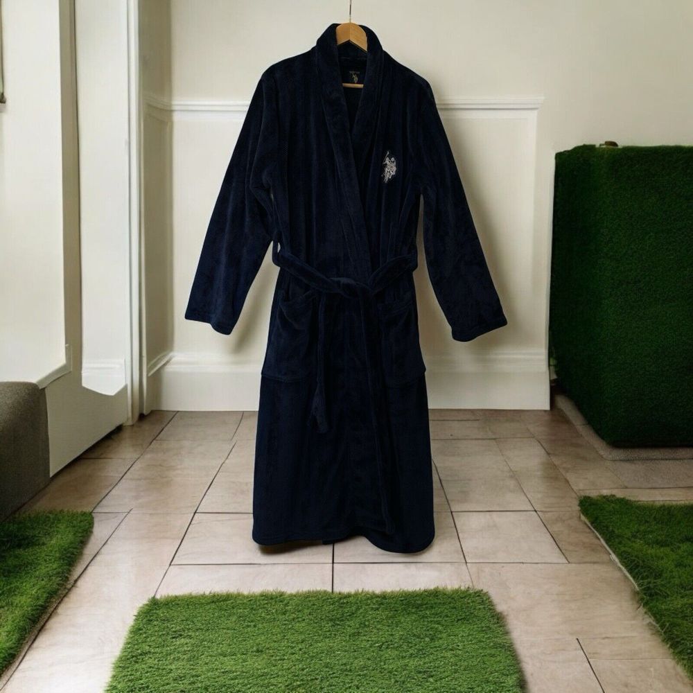 U.S. Polo Assn. Plush Robe Big Pockets Fleece Cozy Warm Blue Men's Size S/M